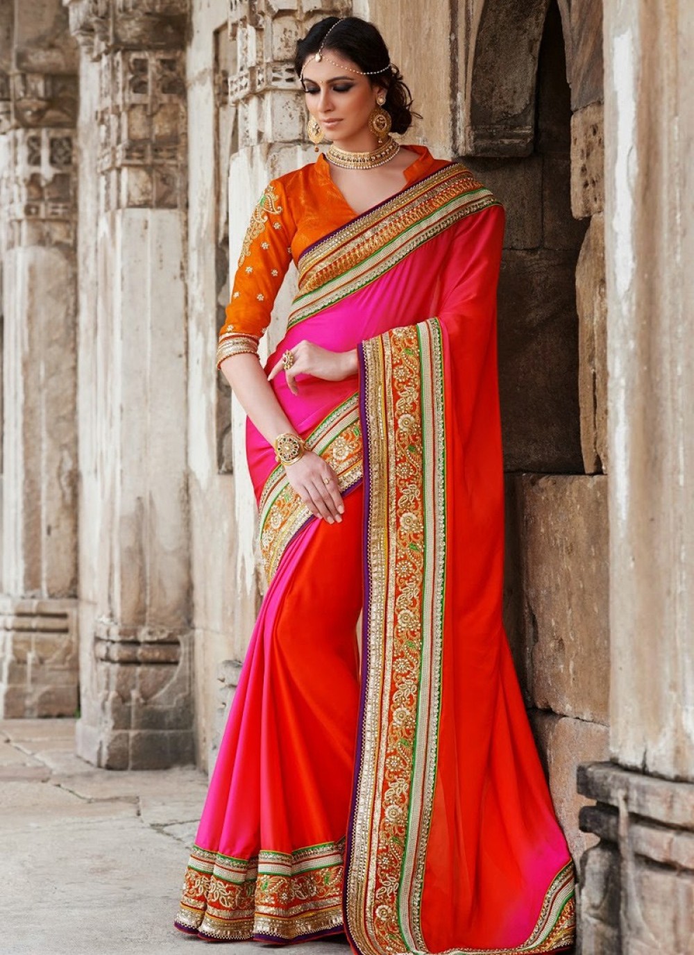Red And Pink Georgette Saree