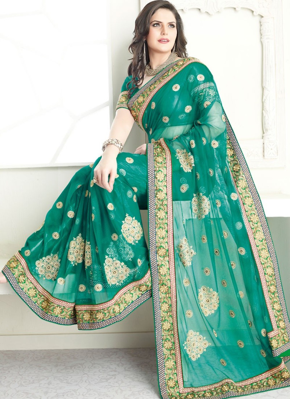 Beguiling Green Embroidered Net Saree