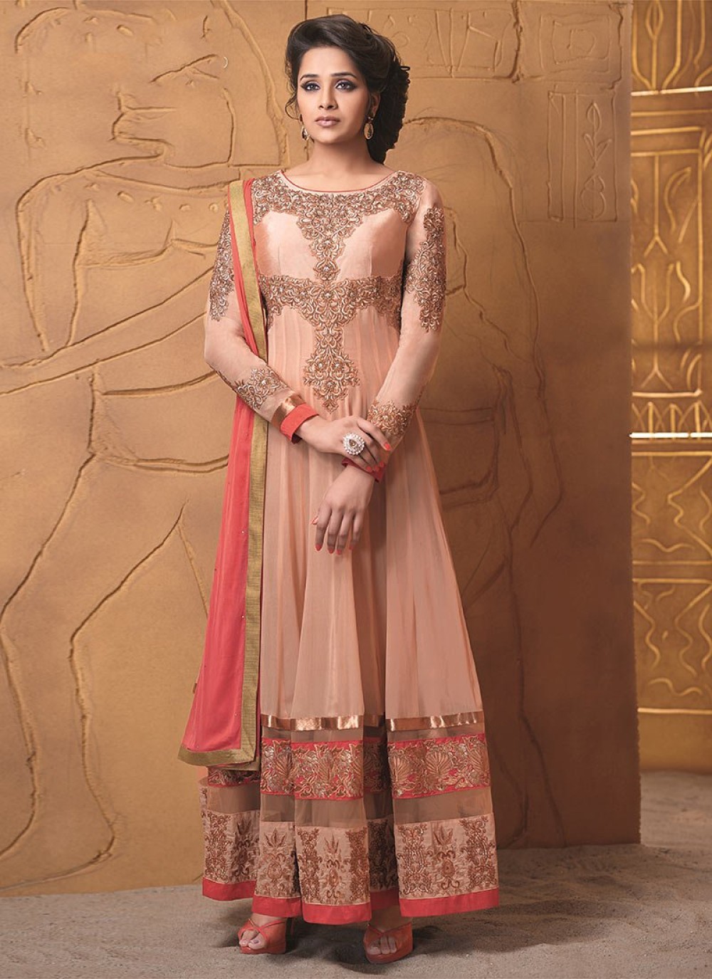 Beguiling Peach Embroidery Net Length Anarkali Suit