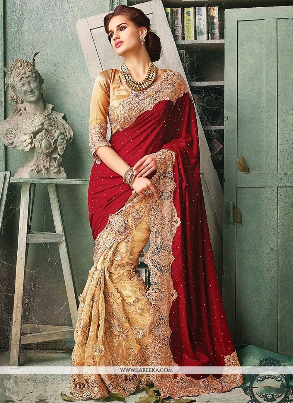 Designer Beige Maroon Heavy Zari Embroidery Bollywood Sari Silk Party Wear Saree 