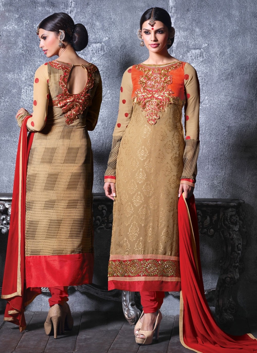 Beige And Orange Embroidery Churidar Suit
