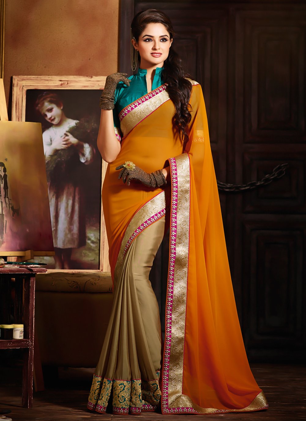 Beige And Orange Satin Half And Half Saree