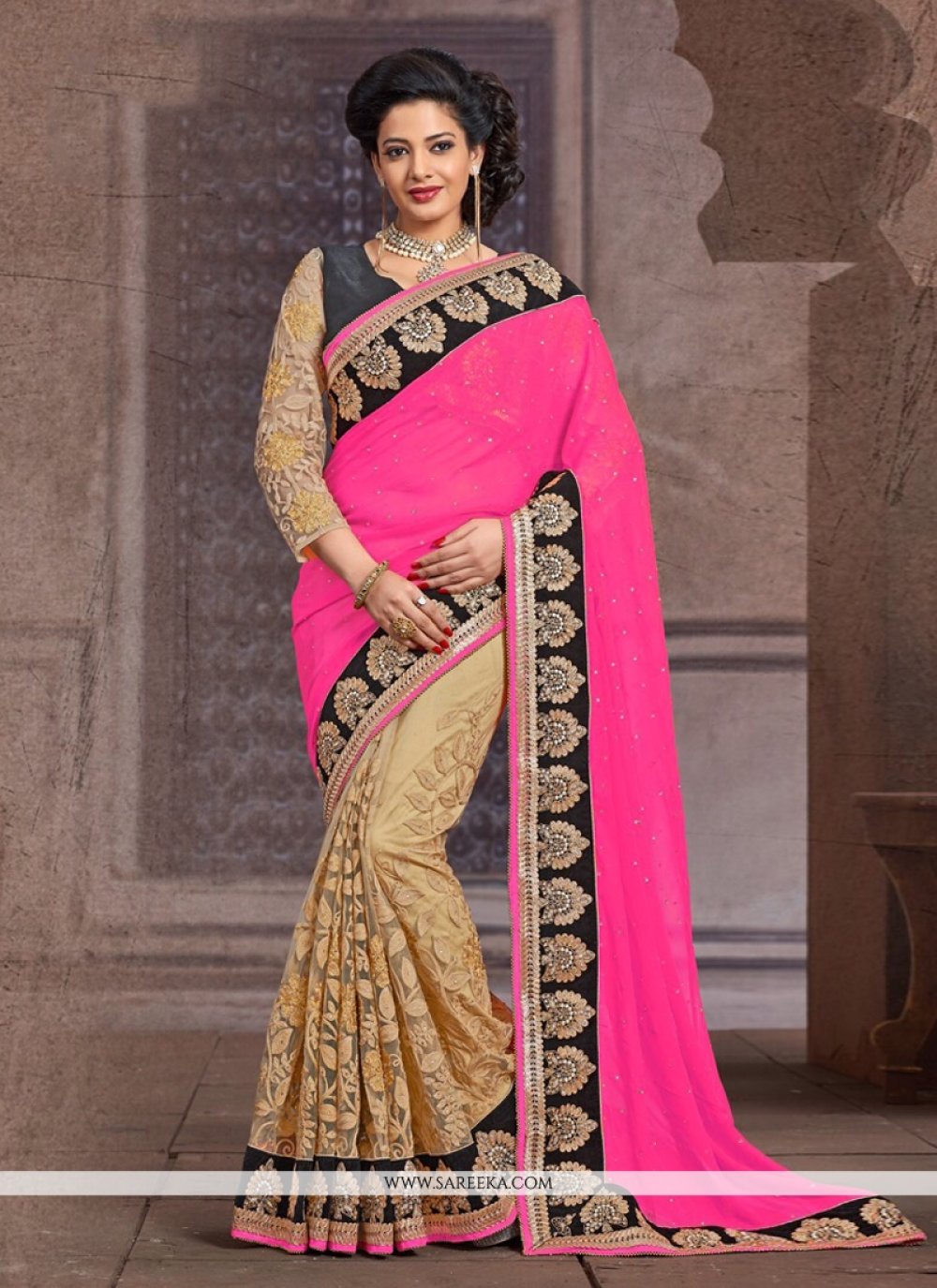 Beige And Pink Net And Bamber Half And Half Saree