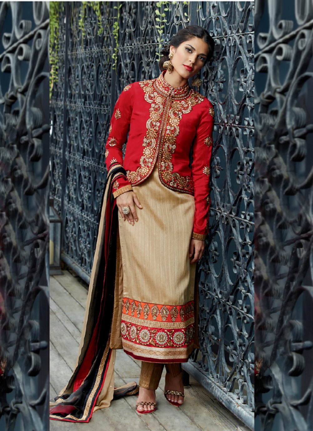 Beige And Red Koti Style Pakistani Salwar Suit -