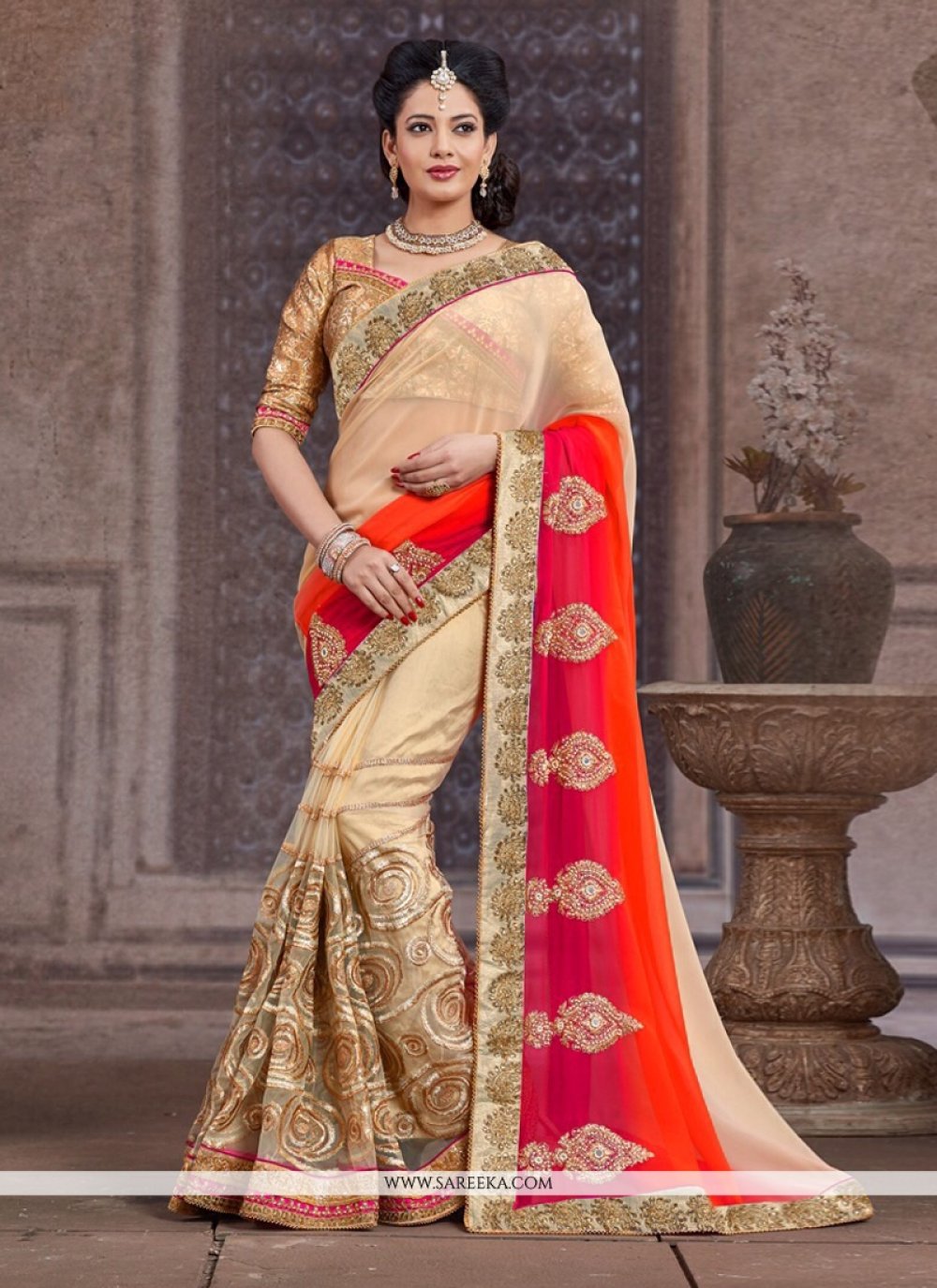 Beige And Red Net And Bember Half And Half Saree