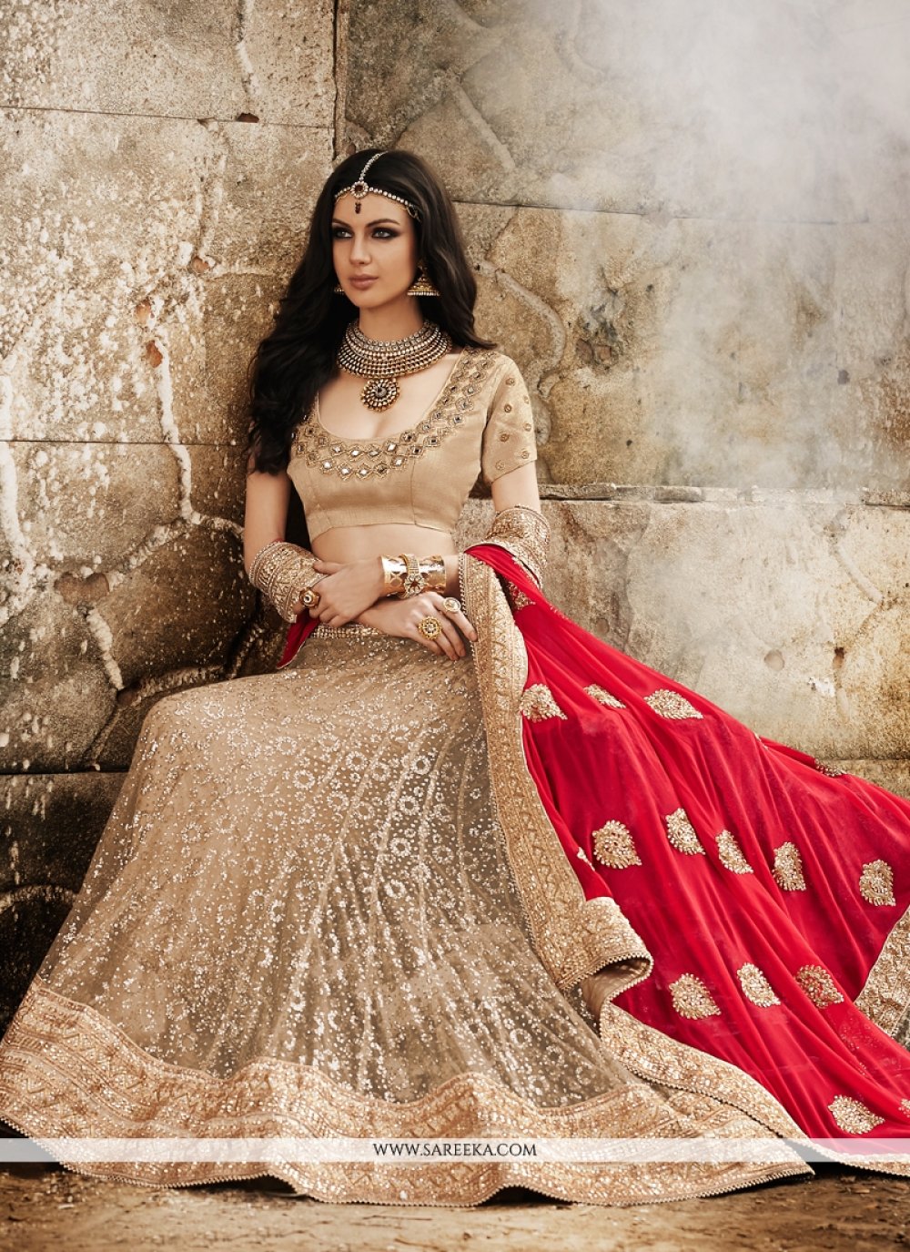 Beige And Red Faux Georgette Wedding Lehenga Saree -