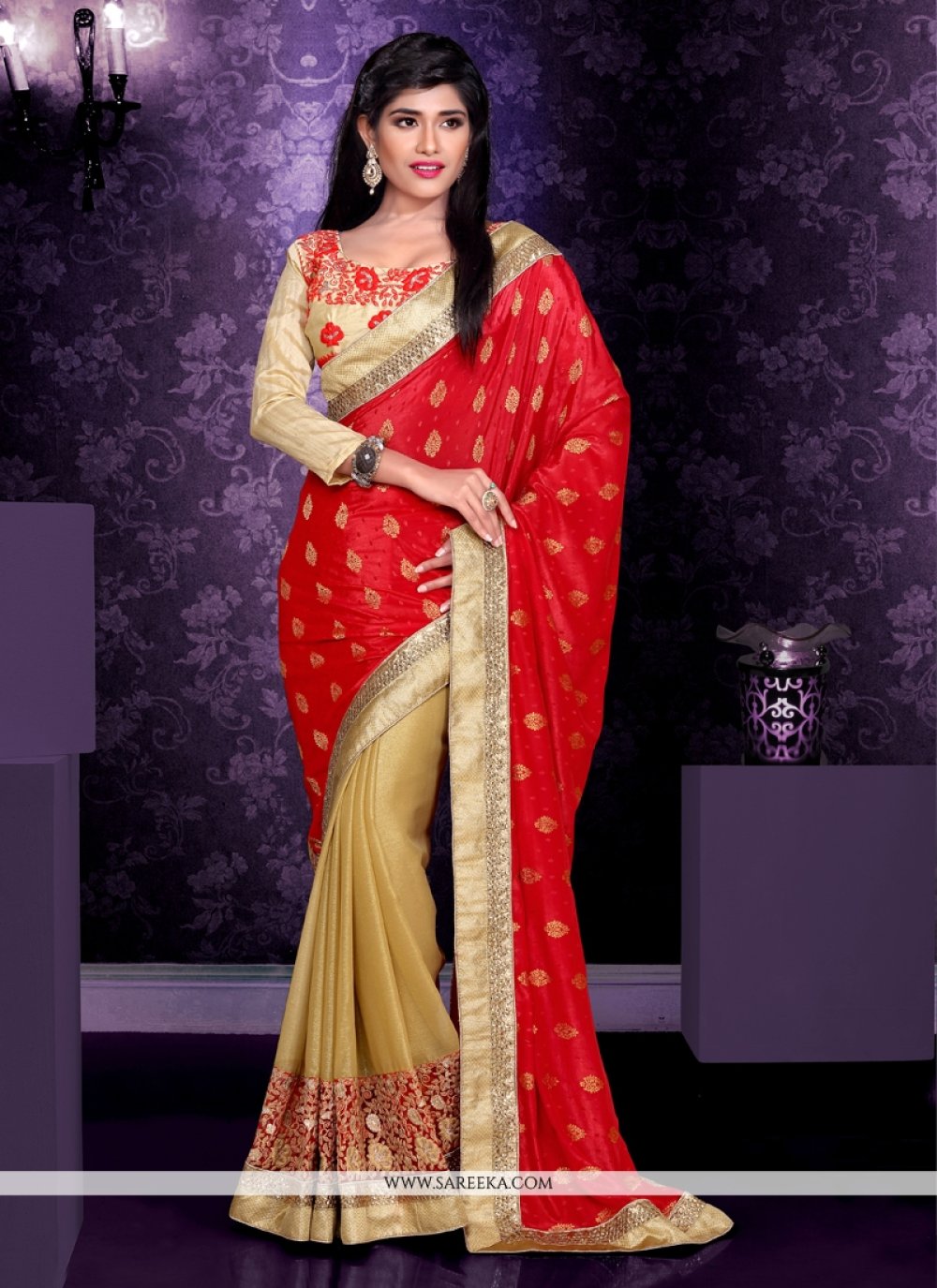 Beige And Red Viscose And Georgette Saree
