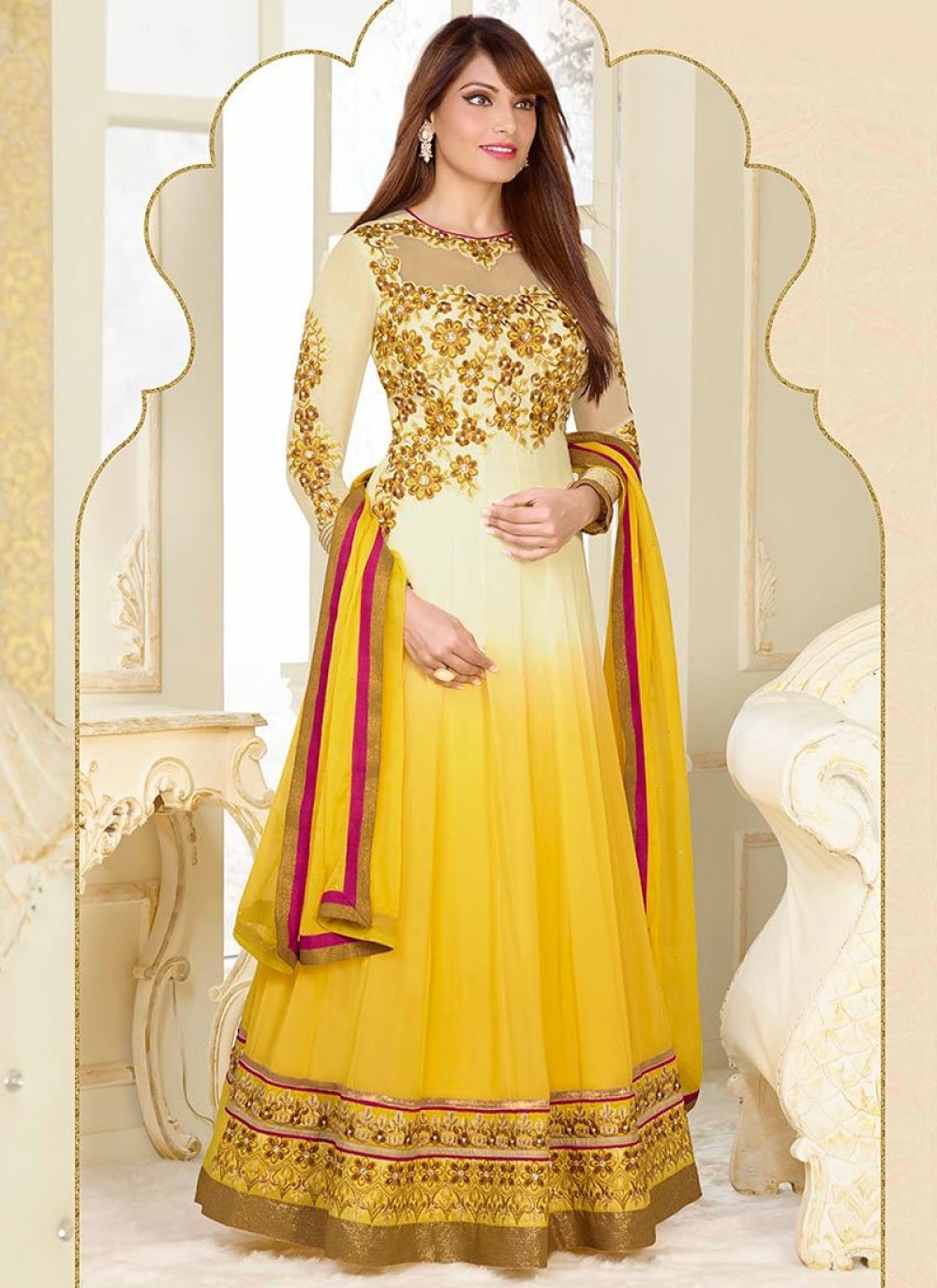 Bipasha Basu Cream And Yellow Zari Length Anarkali Suit