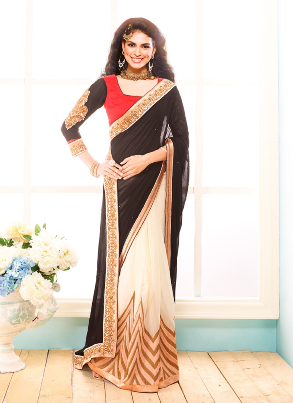 Black And Cream Georgette Party Wear Saree