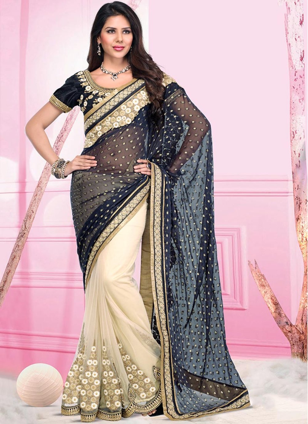 Black and white half n half saree - G3-WSA55287 | G3fashion.com