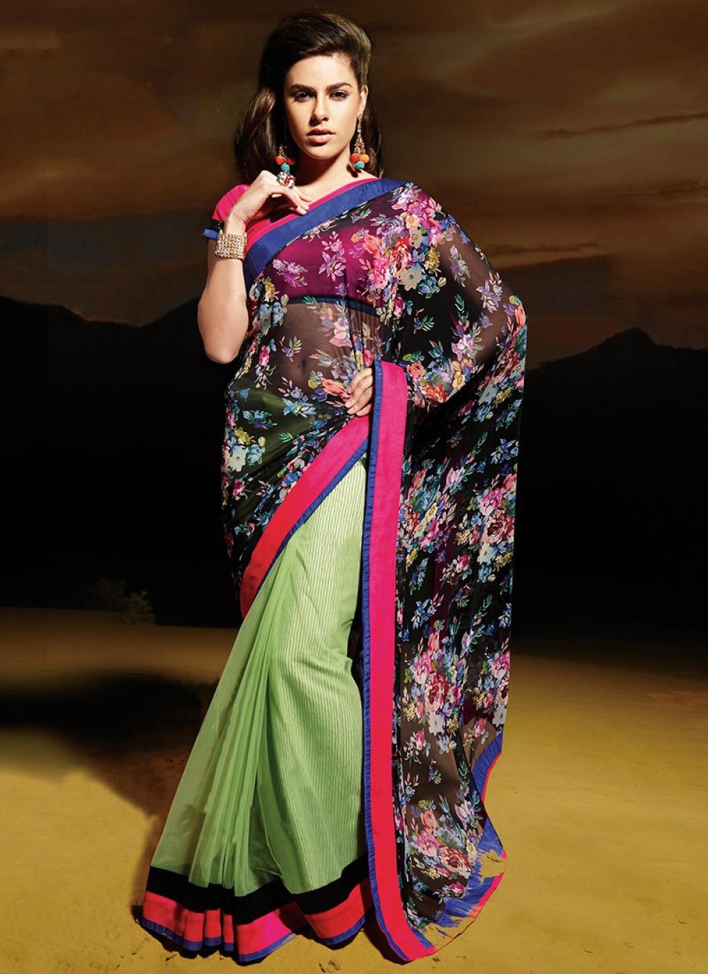 Black And Green Patch Georgette Half And Half Saree