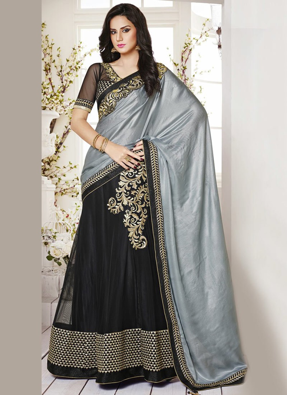Glossy Grey Lehenga with Net Blouse – Mehr By Pretty