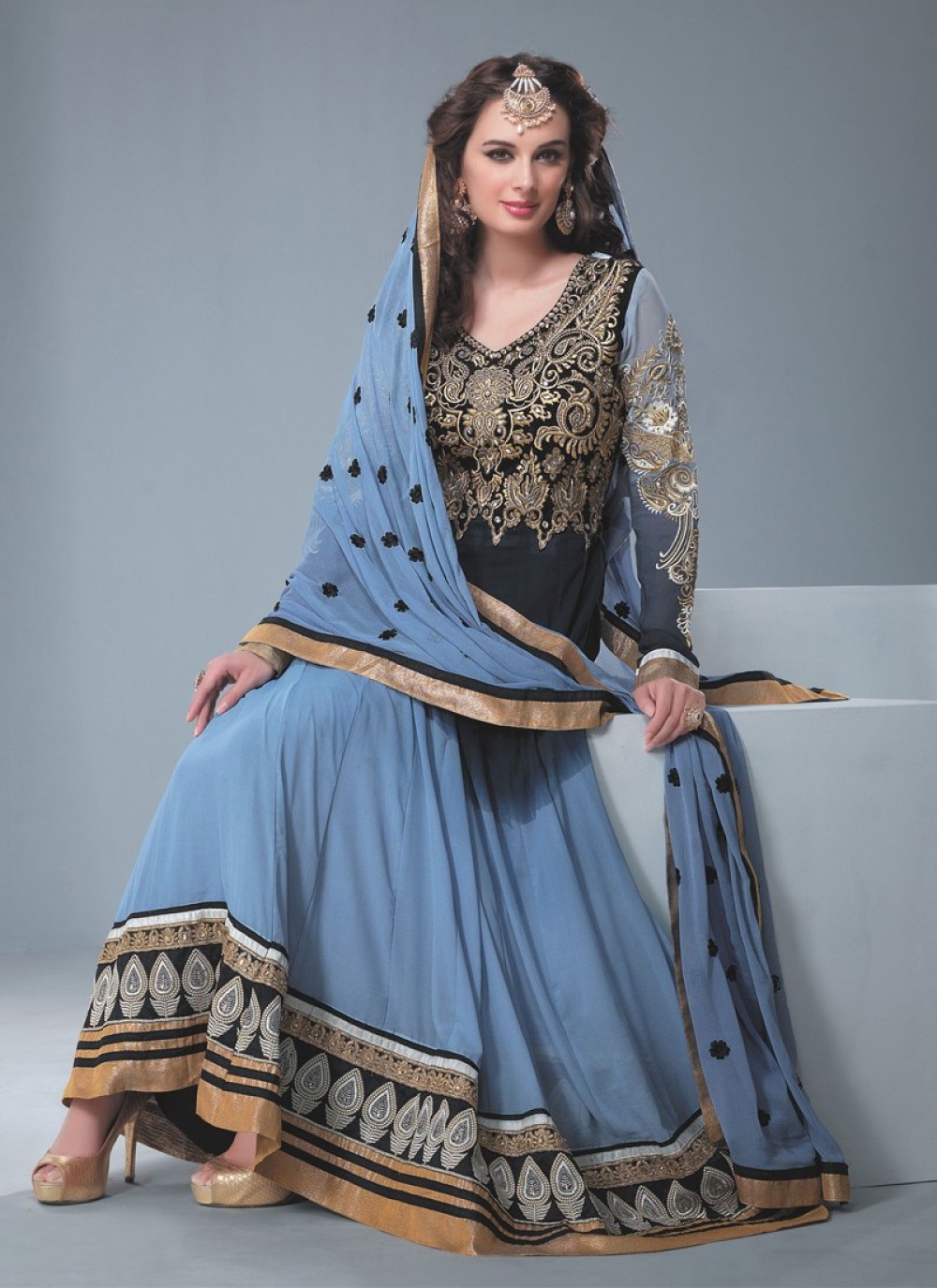 Black And Grey Embroidery Work Anarkali Suit