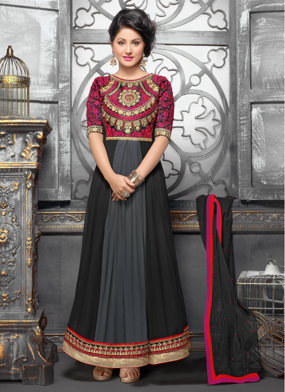 Black And Grey Shaded Georgette Anarkali Suit
