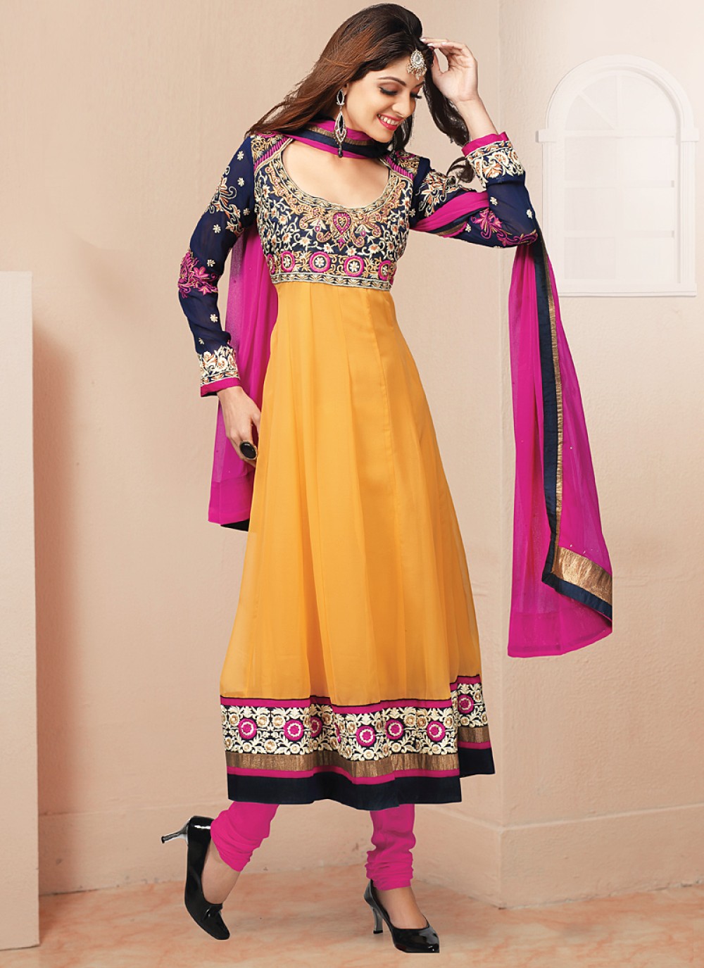 Black And Mustard Embroidery Work Georgette Anarkali Suit