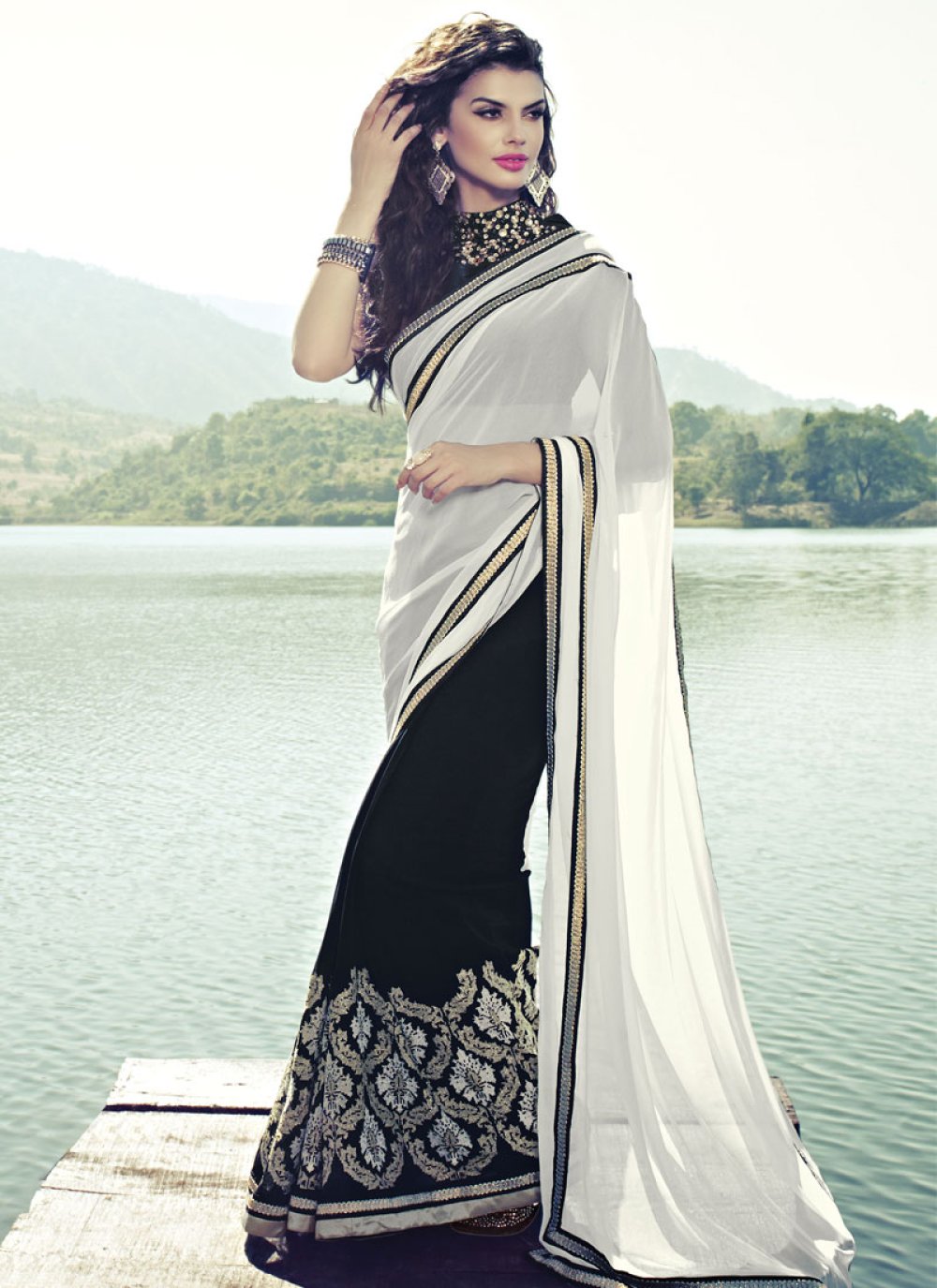 Black and white half saree best sale