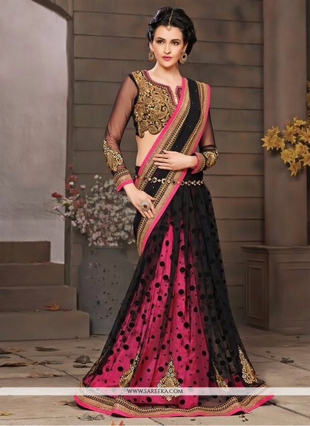 Black And Pink Net And Georgette  Saree