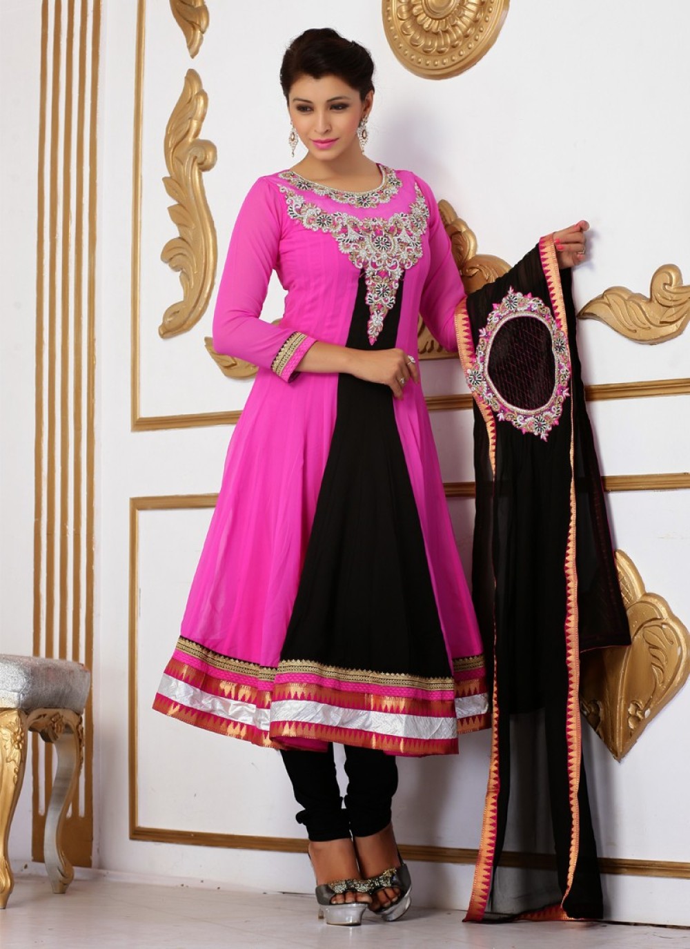 Black And Pink Patch Border Work Churidar Suit