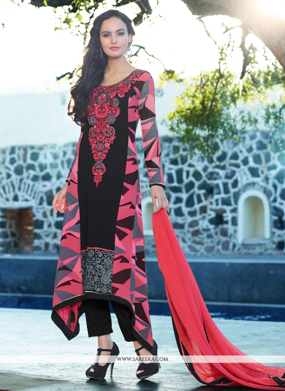 Black And Pink Printed Pant Style Salwar Suit