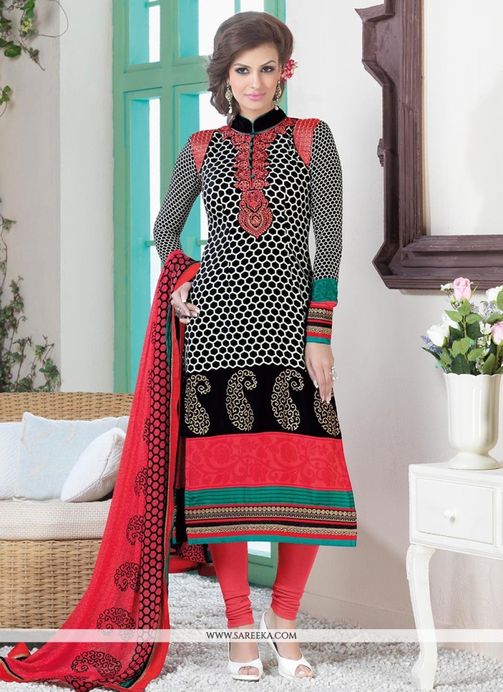Black And Red Crepe Silk Churidar Suit