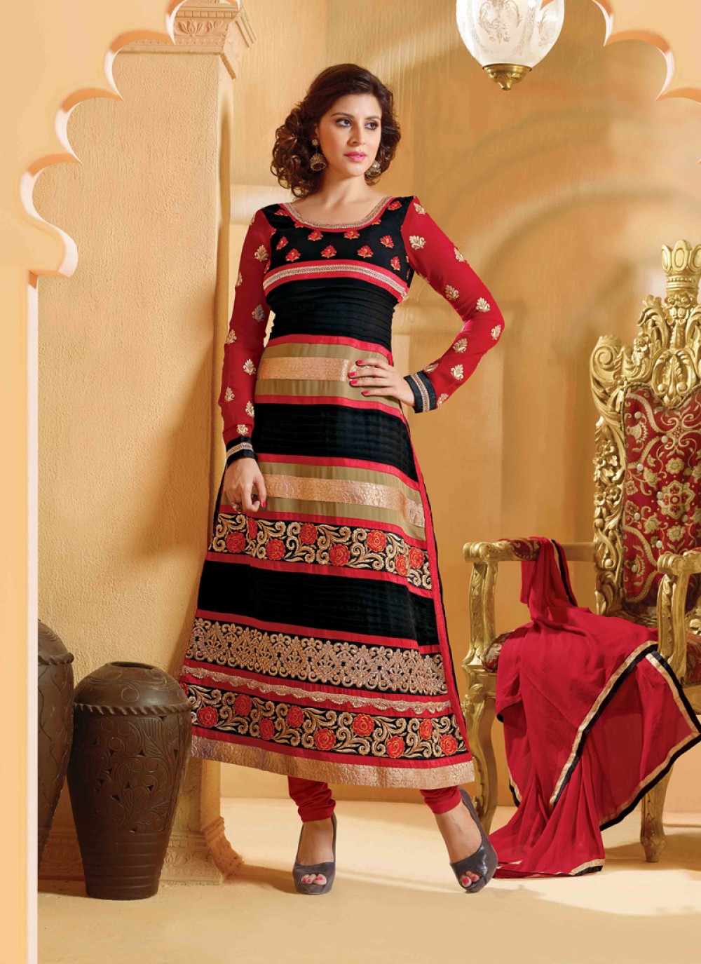 Black And Red Embroidery Work Churidar Suit