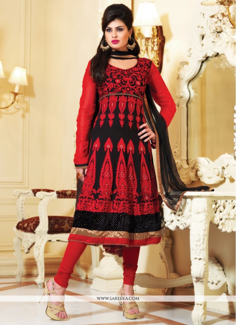 Black And Red Faux Georgette Anarkali Suit