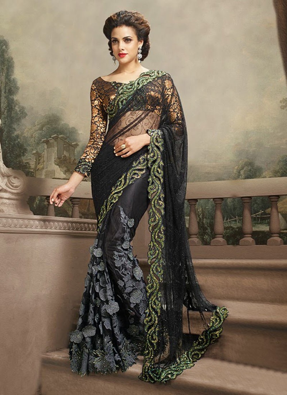 Black Resham Work Art Silk And Net Half And Half Saree