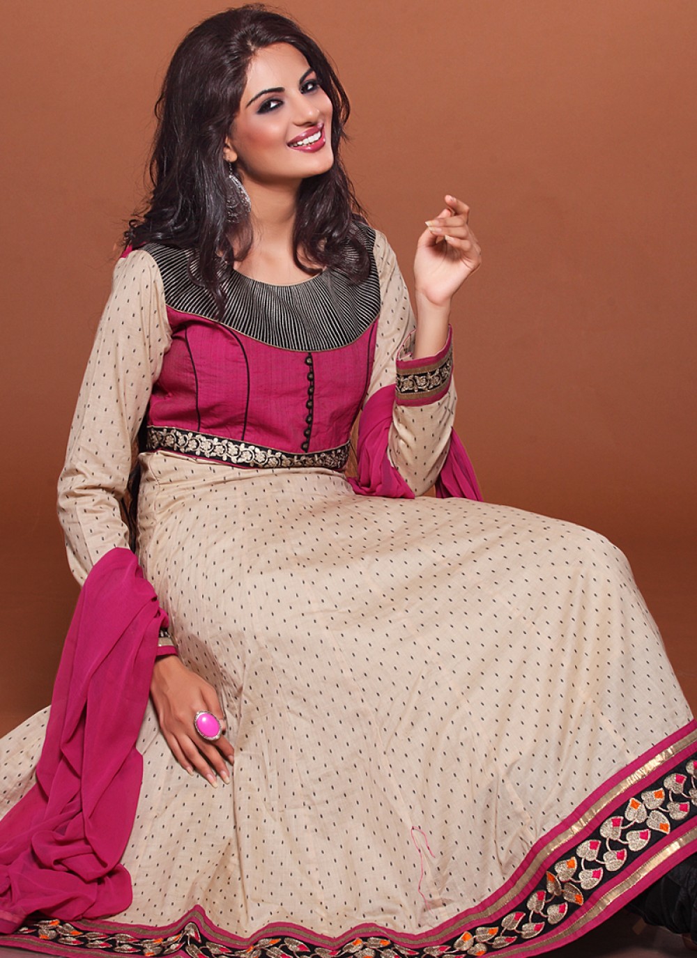 Cream And Pink Embroidery Work Anarkali Suit
