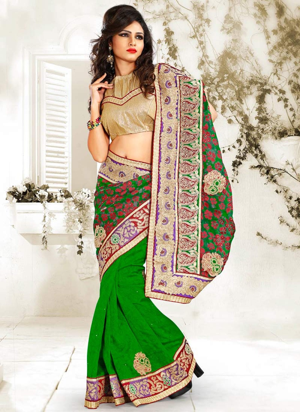 Green Bhagalpuri Silk Half And Half Saree