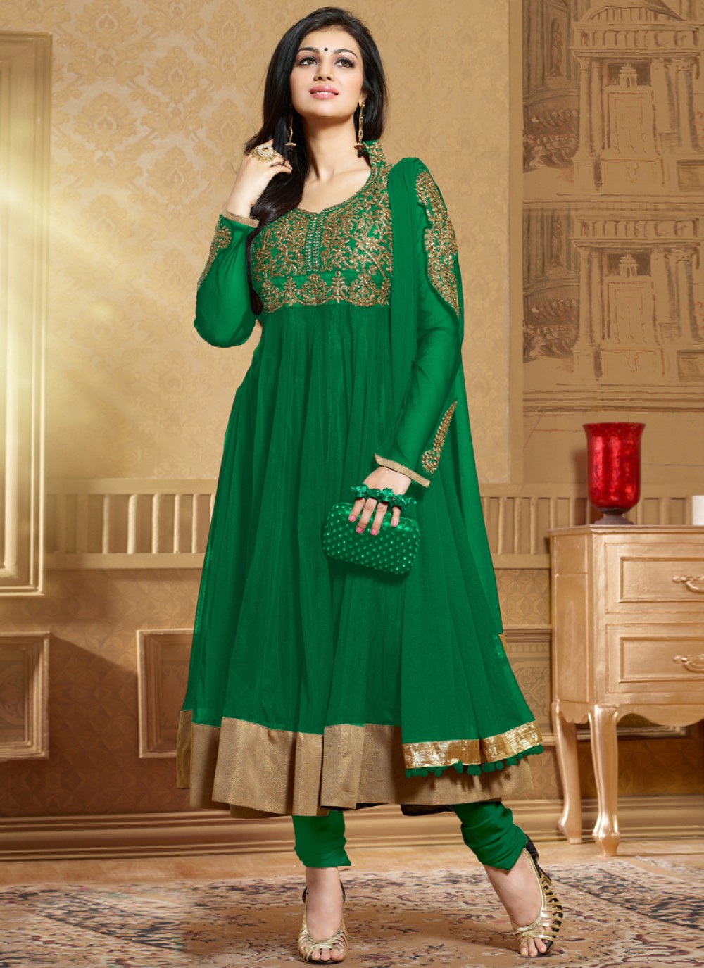 Green Soft Net Anarkali Suit