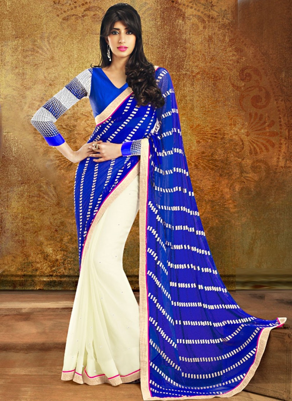 Blue And Beige Color Printed Border Half And Half Saree