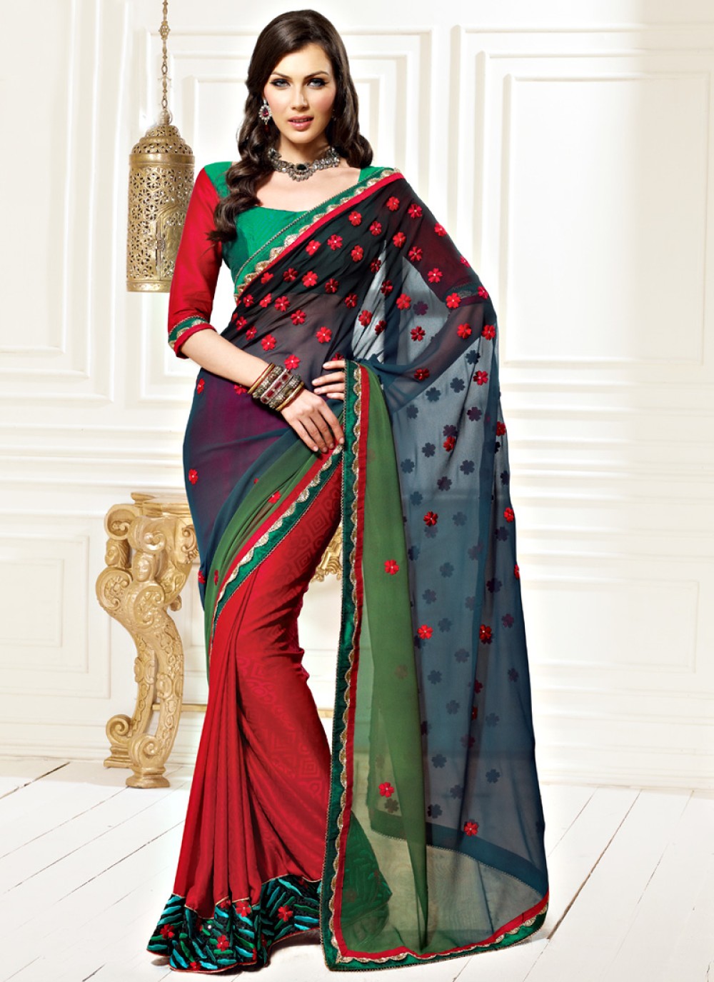 Blue and Green Faux Georgette Saree