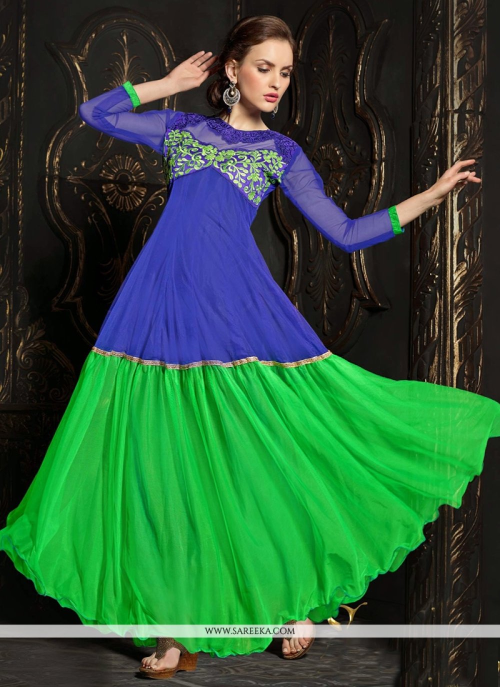 Blue And Green Net Anarkali Salwar Suit