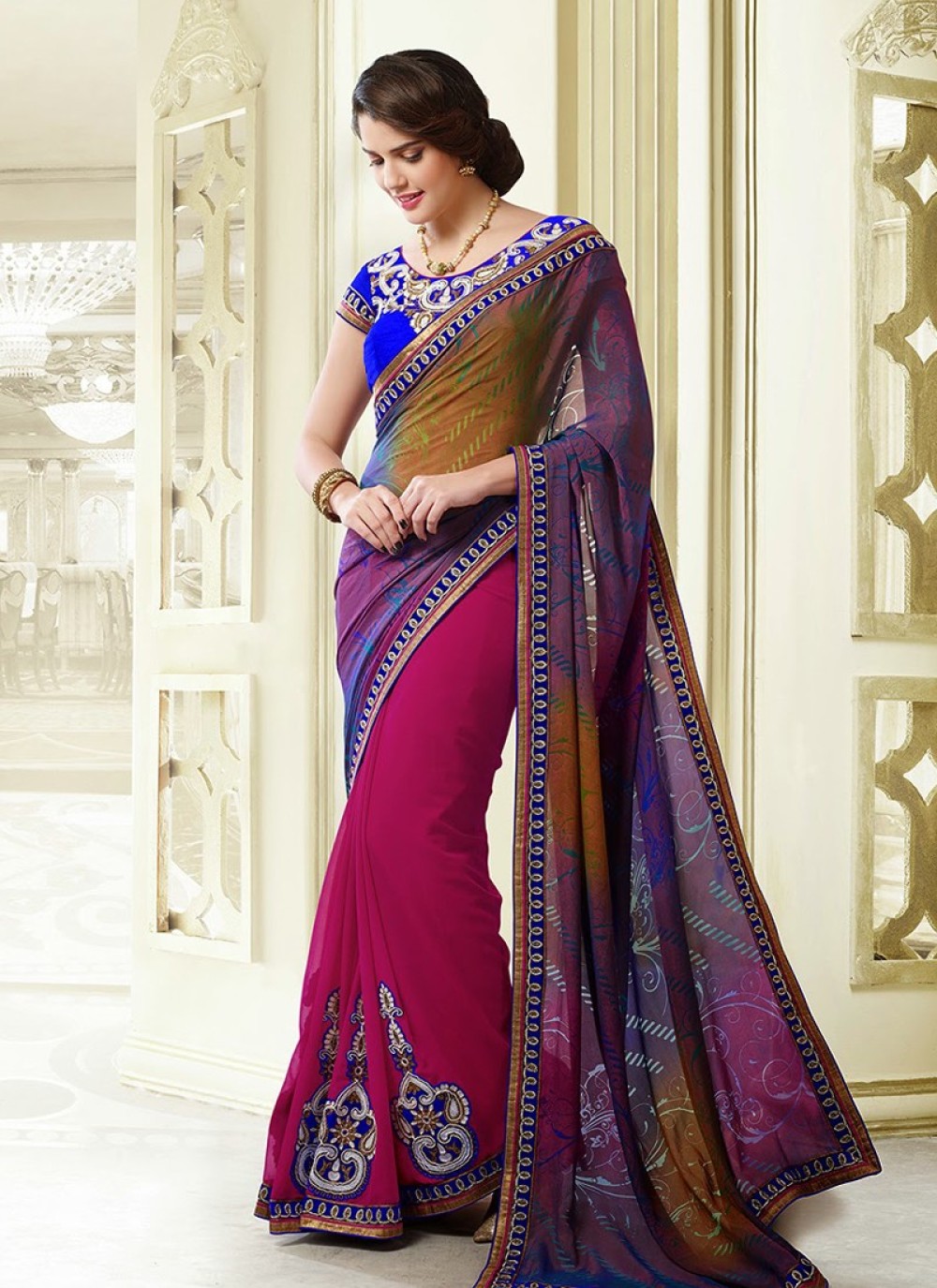 Blue And Magenta Embroidery Work Faux Georgette Saree