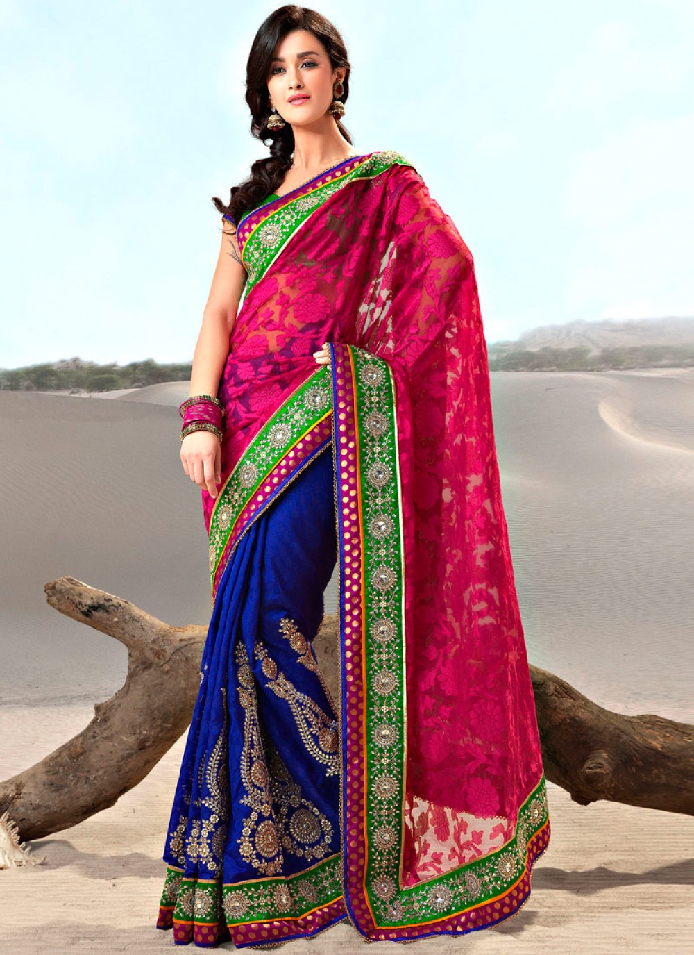 Blue and Magenta Faux Georgette and Jacquard Saree