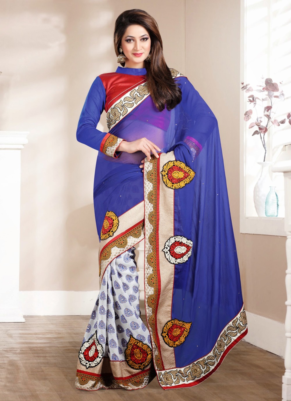 Blue And Off White Georgette Party Wear Saree