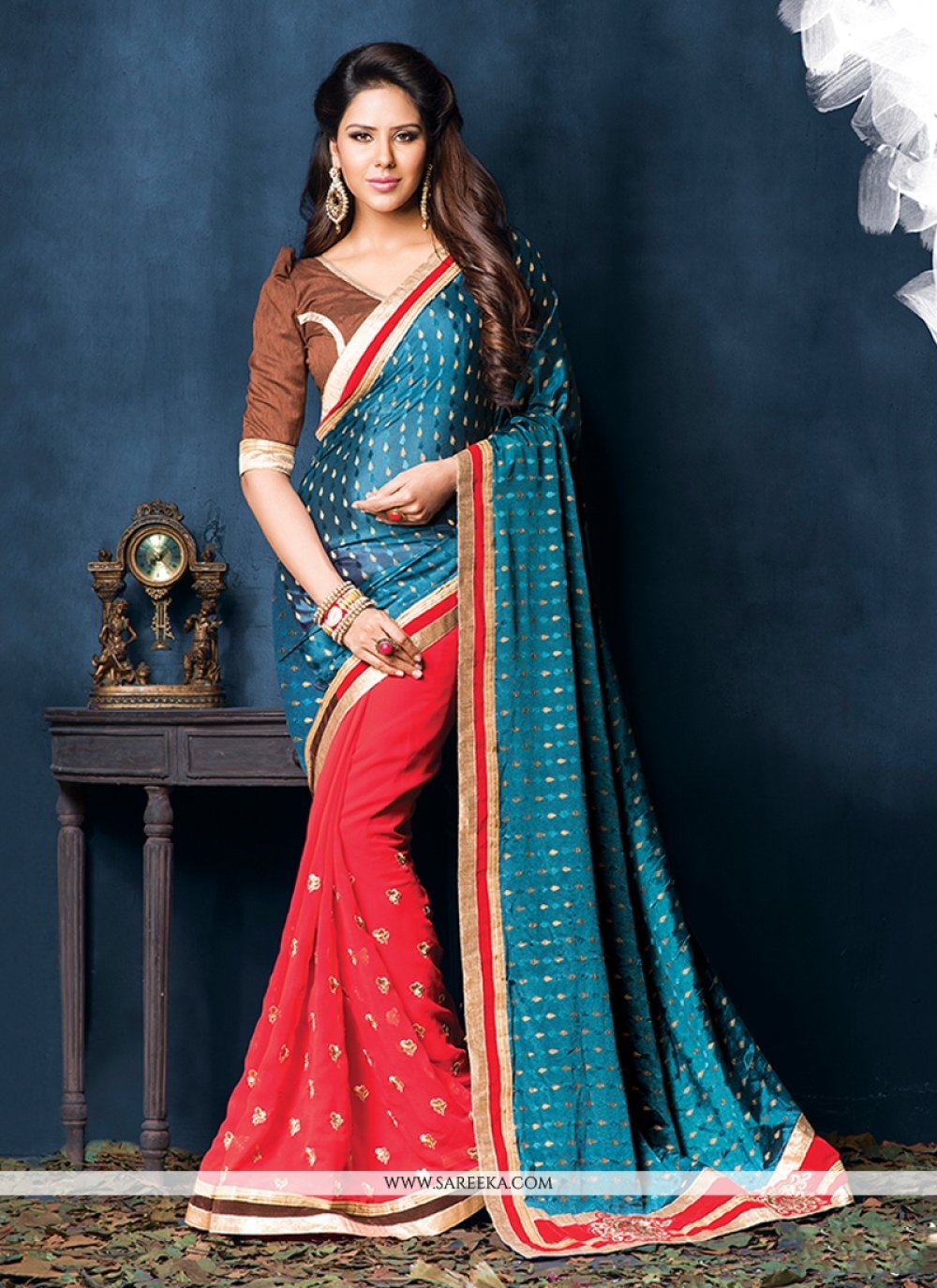 Blue And Red Jacquard Casual Saree
