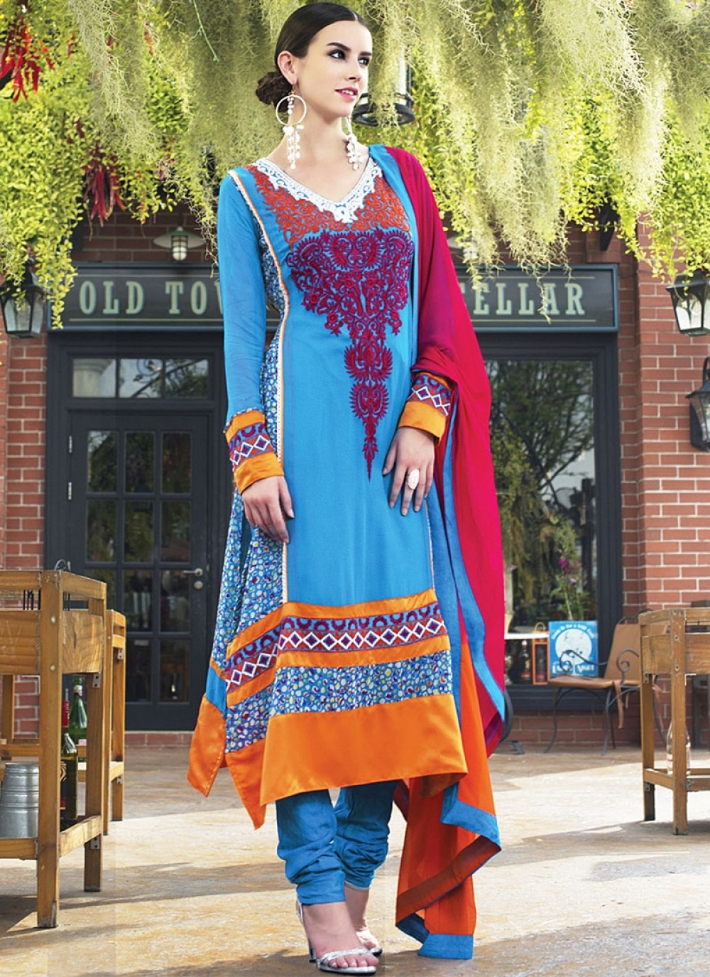 Blue Embroidery Work Faux Georgette Churidar Suit