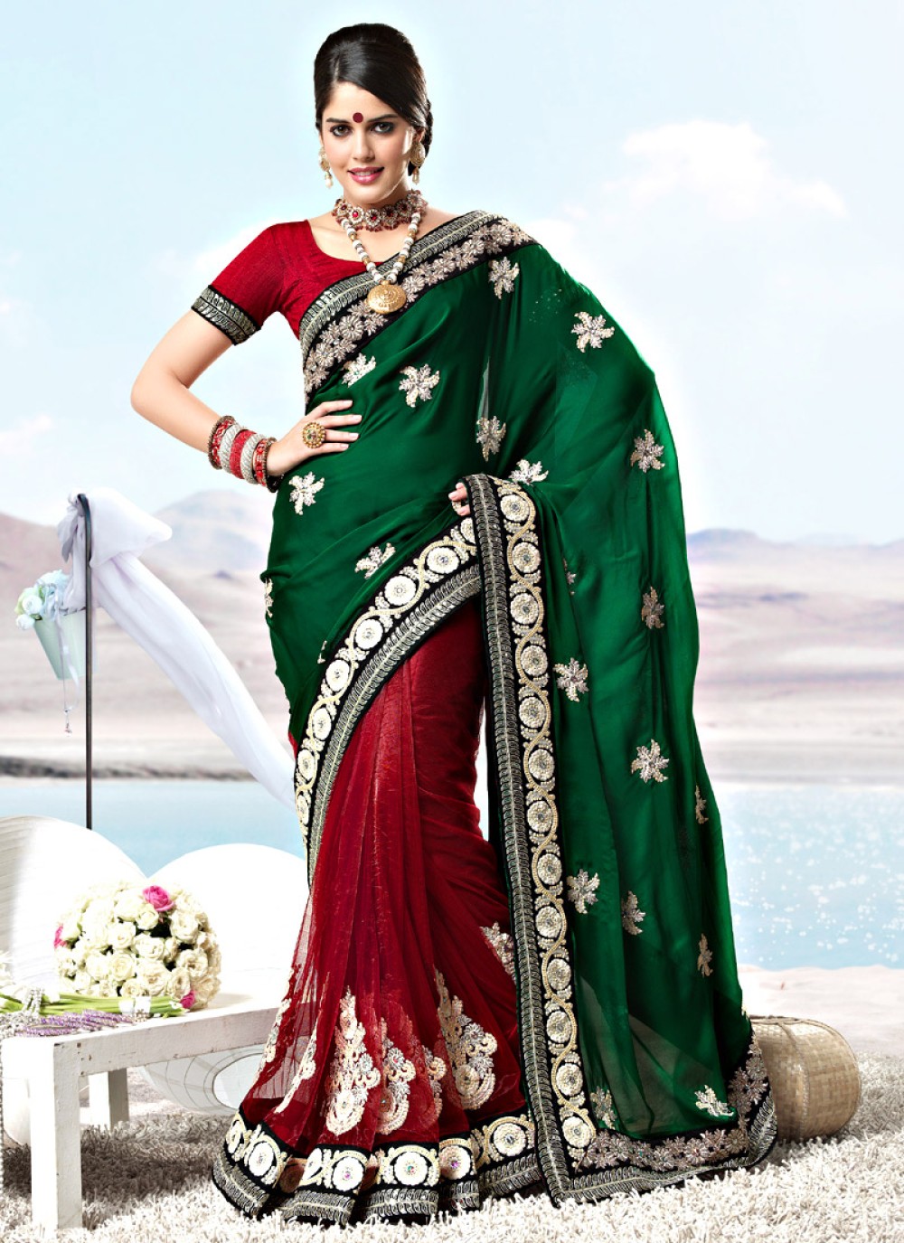 Bottle Green and Red Crepe Net Saree