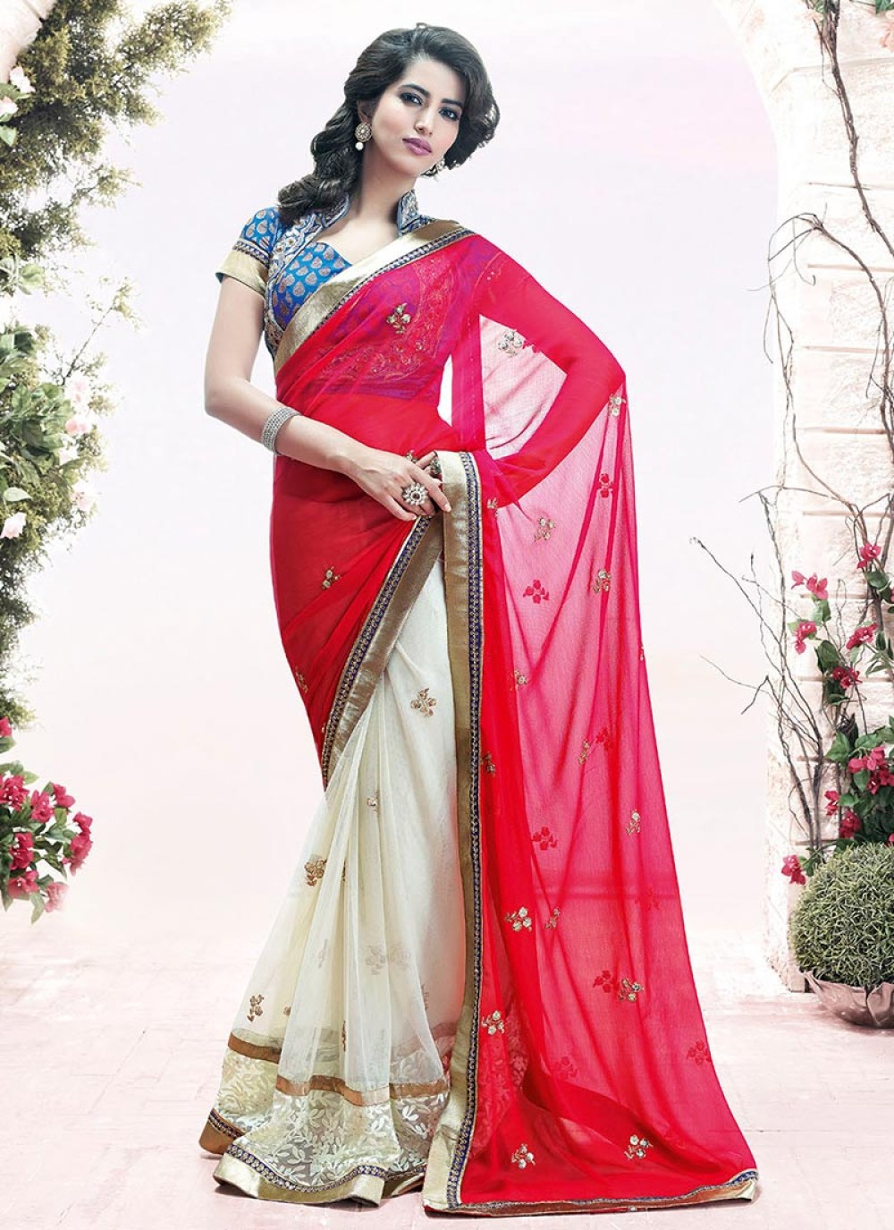 Off White And Red Border Work Half And Half Saree