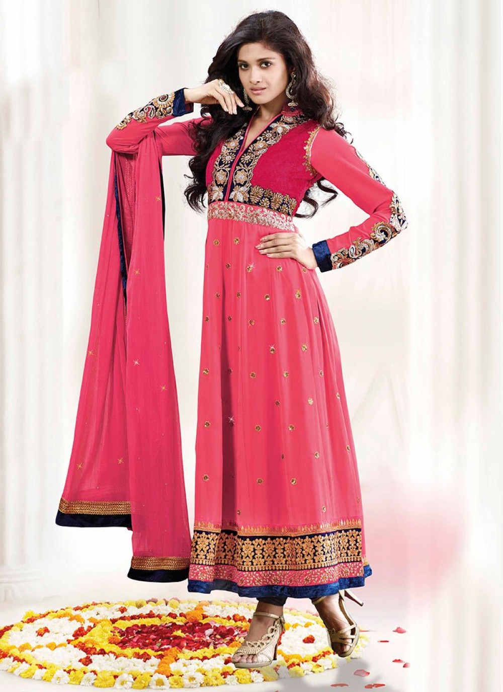 Bright Pink Embroidery Shaded Faux Georgette Anarkali Suit