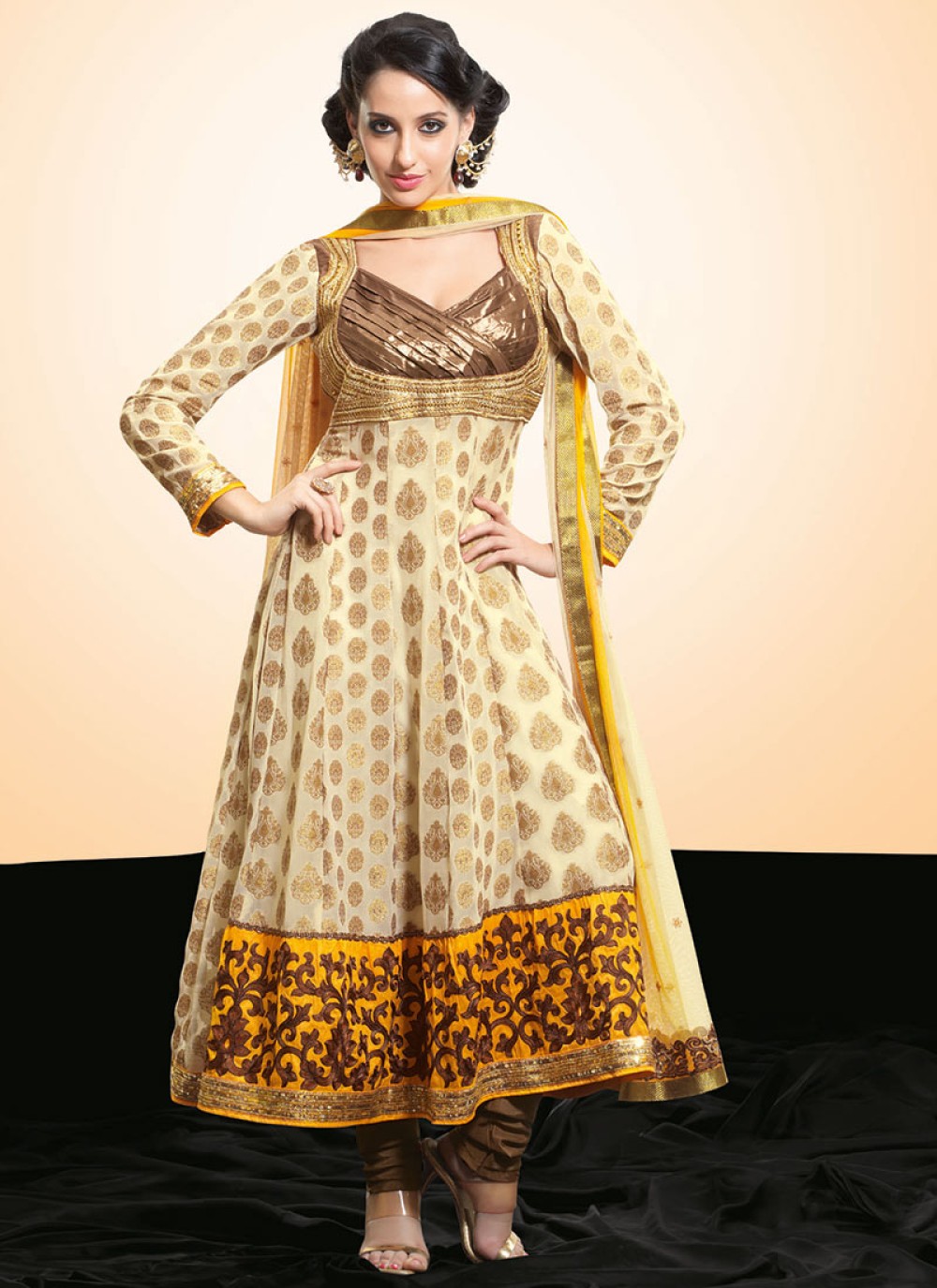 Bright Yellow and Beige Viscose Anarkali Suit