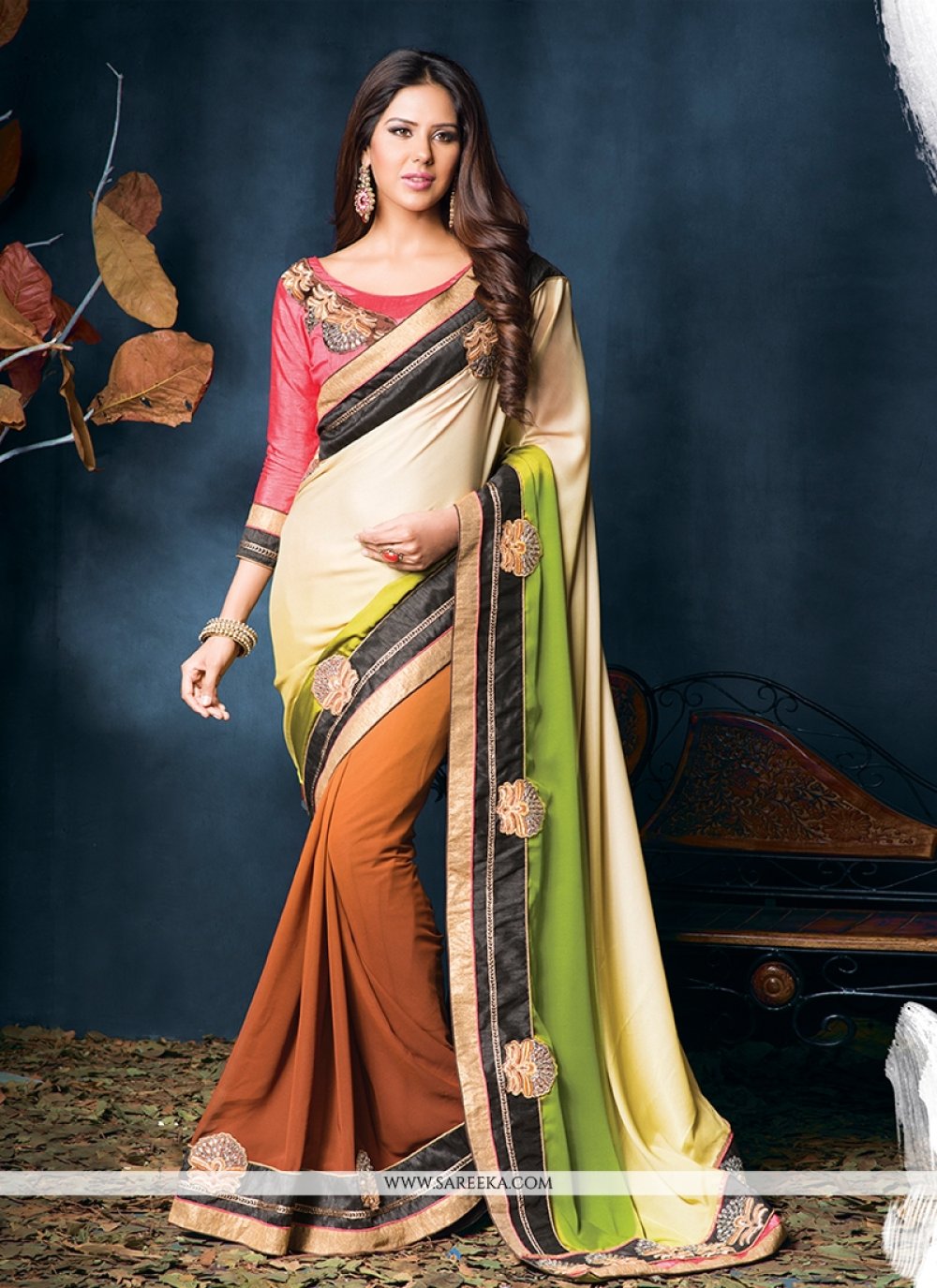 Brown And Cream Crepe And Georgette Saree
