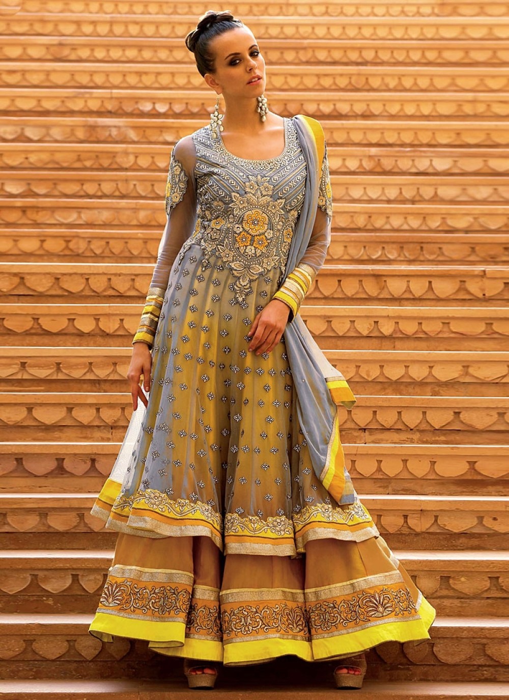 Brown And Grey Embroidery Soft Net Anarkali Suit