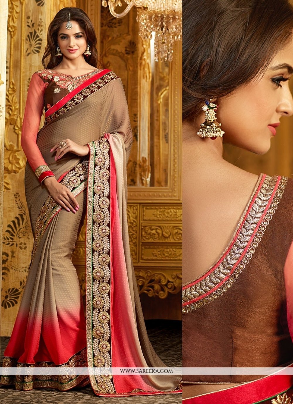 Brown And Pink Shaded Georgette Designer Saree