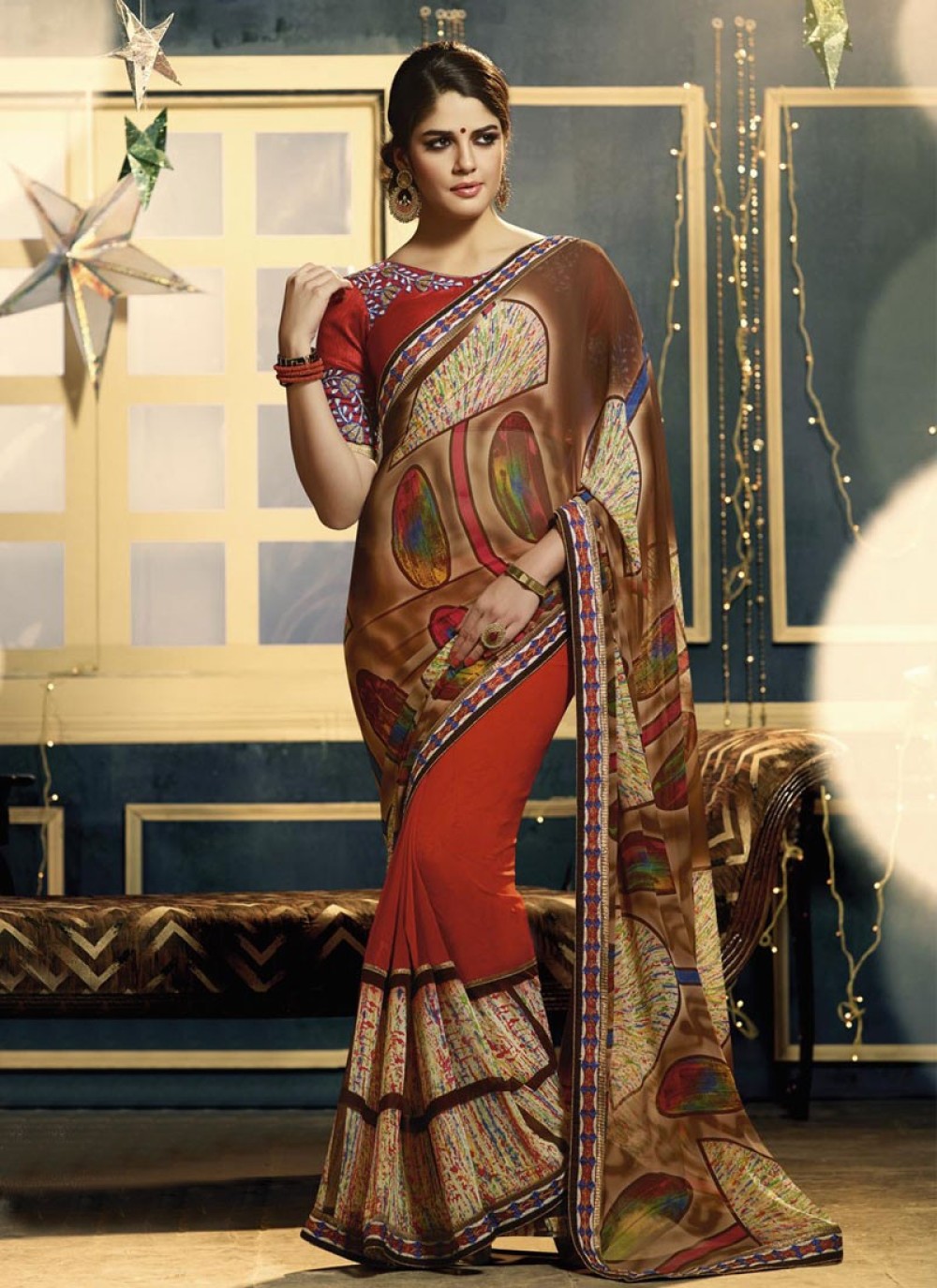 Brown And Red Georgette Party Wear Saree