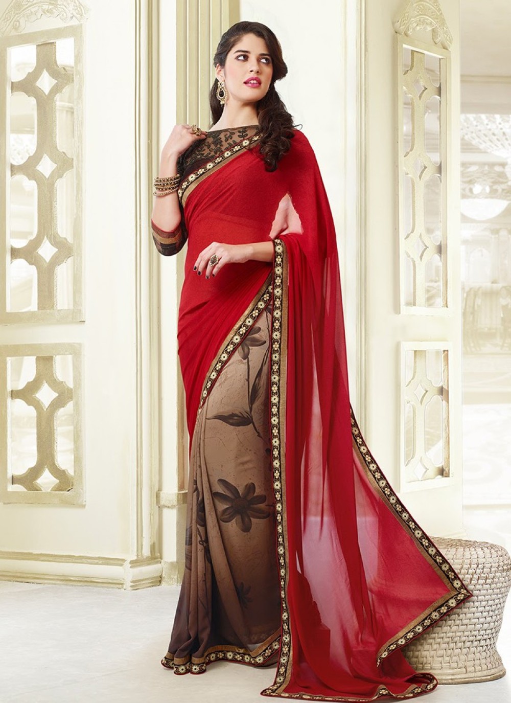 Brown And Red Patch Border Work Half And Half Saree