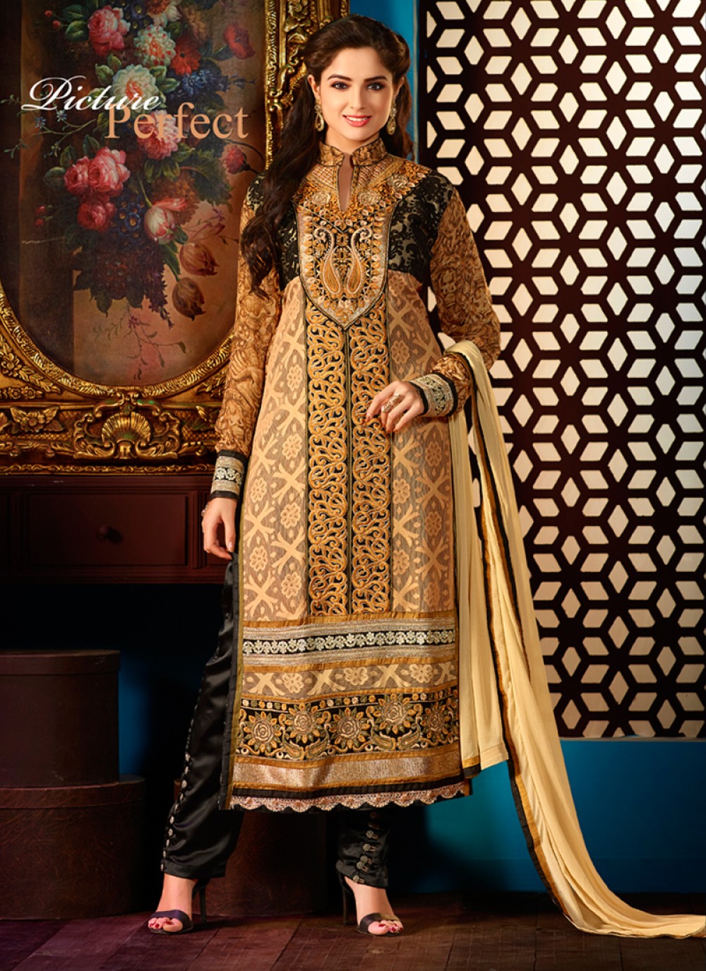 Brown Embroidery Work Churidar Suit