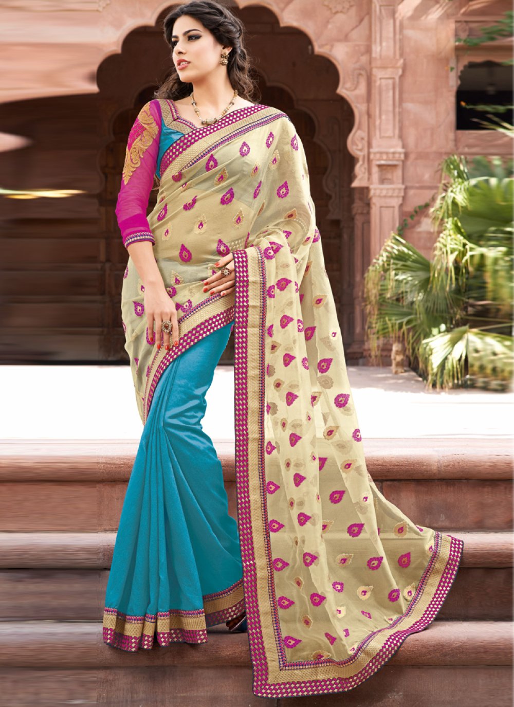 Admirable Sky Blue And Orange Shaded Saree With Heavy Work Designer Blouse