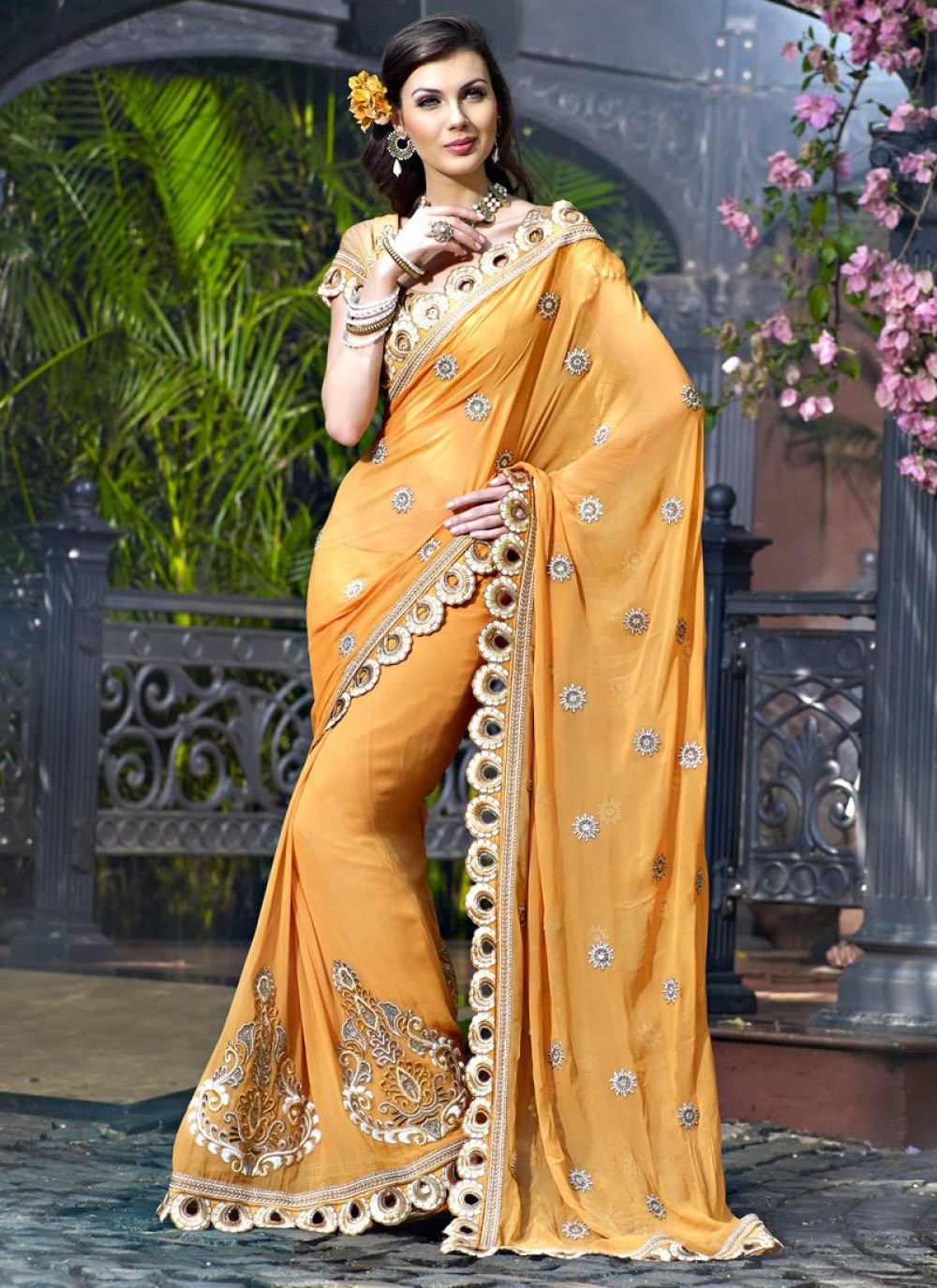 Apricot Embroidered Saree